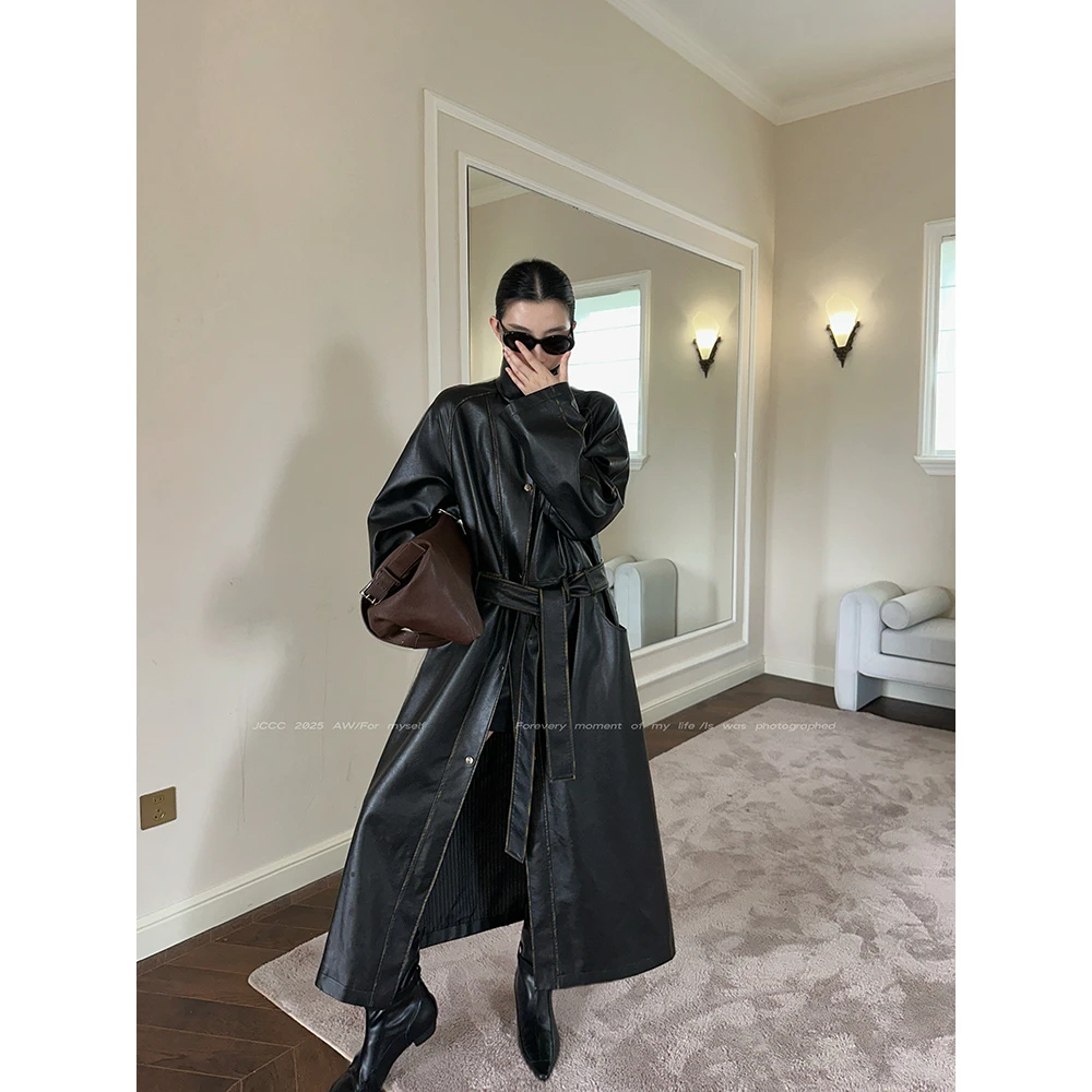 JCCC影子【漫步巴黎】黑色复古擦色做旧PU皮长款风衣外套JE5ASF10