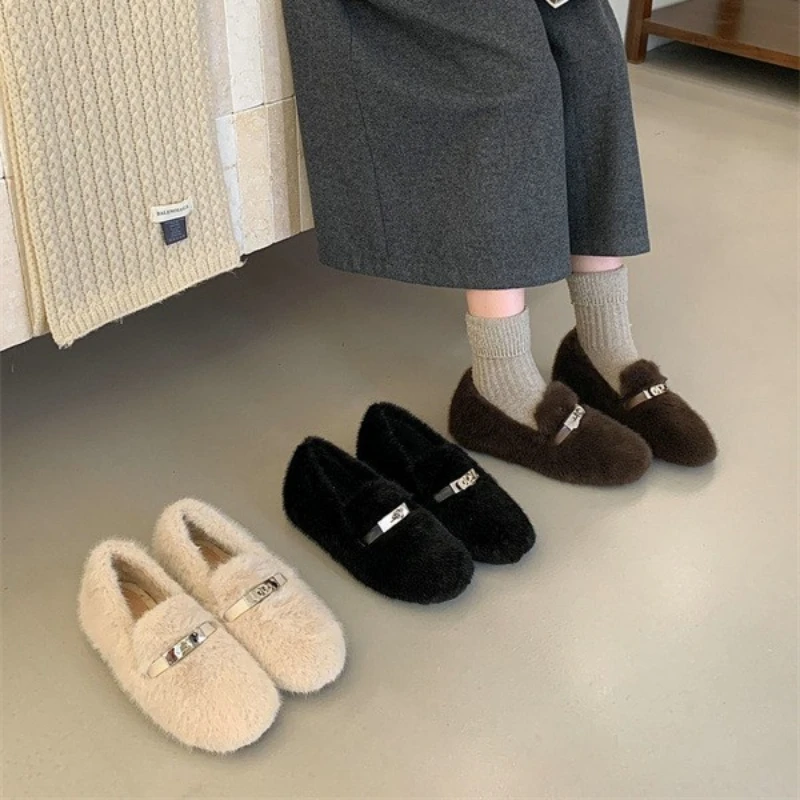 法式淑女风金属扣百搭棉鞋女2025冬季新款时尚洋气一脚蹬毛毛鞋