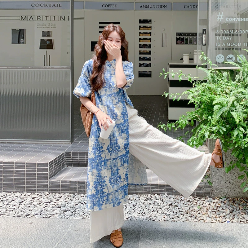 新中式改良旗袍领盘扣套装裤2025夏季新款复古国风气质扎染两件套