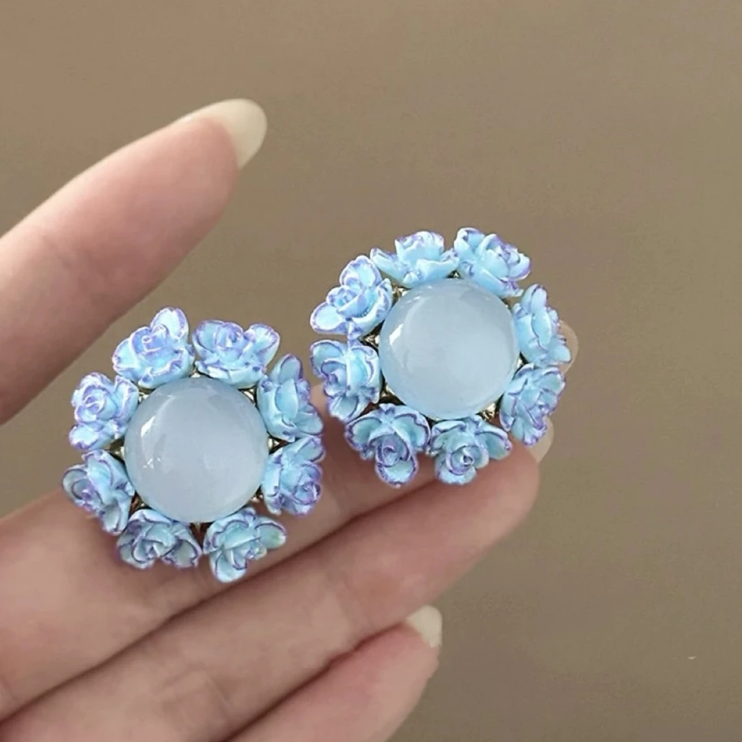铜合金合成锆石耳饰 【圆形花朵树脂耳钉】森系高级感甜美耳环百搭