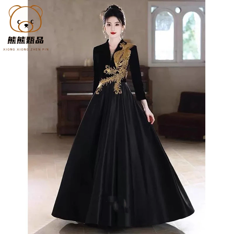 晚礼服女高级感黑色长袖高端大气年会主持人声乐艺考合唱团演出dz