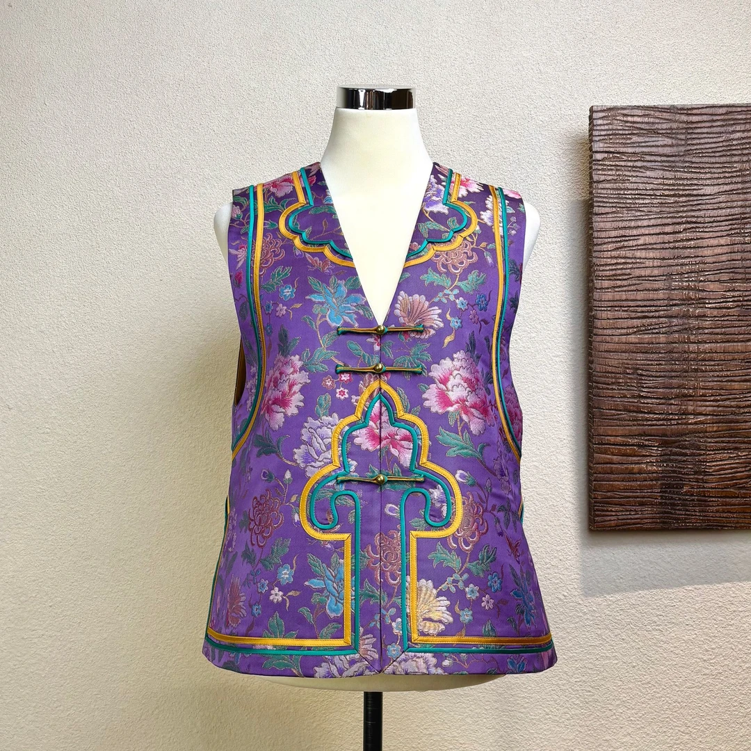 【菀春】桑蚕丝织金云锦秋冬款印花国风系带女士无袖马夹250561