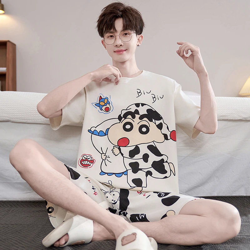 男家居服套装广东揭阳纯棉睡衣男学生薄款卡通小新夏季家居服