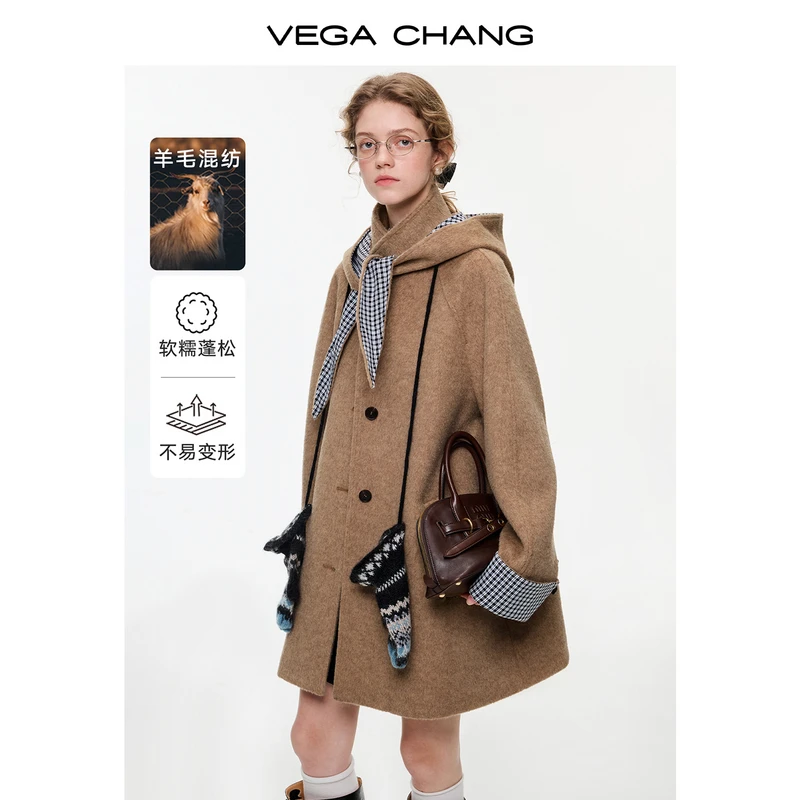 VEGACHANG【复古英伦】格纹可拆卸连帽羊毛呢大衣0642LW