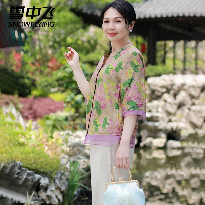 雪中飞2025新款时尚妈妈夏季短袖衬衫棉麻两件套中老年女装洋气H