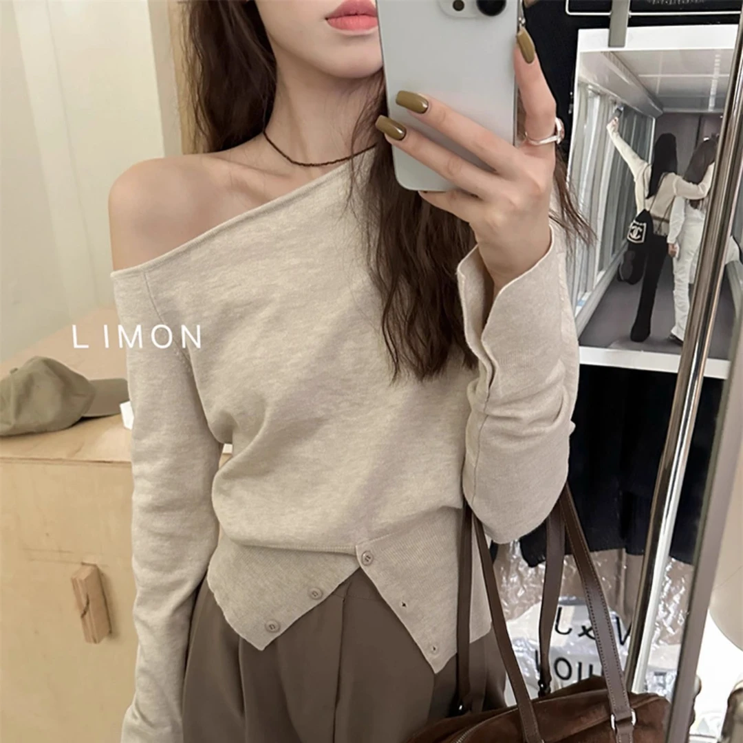 一字领女纽扣小个子针织衫打底衫露肩温柔风开叉秋季韩版斜肩上衣