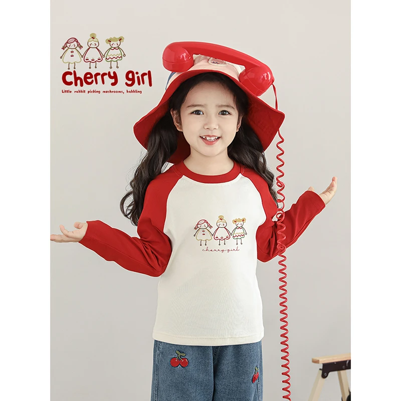 YOEHYAUL/幼悠幼悠【樱桃女孩】春叁波女童洋气圆领插肩T恤 C3112
