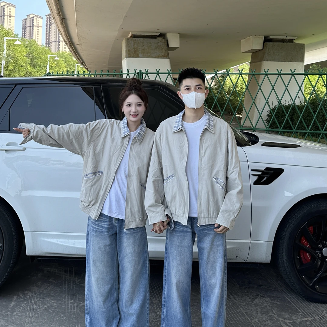 3KU夫妇春秋双领子拼接格纹复古外套夹克男女情侣休闲上衣潮25005