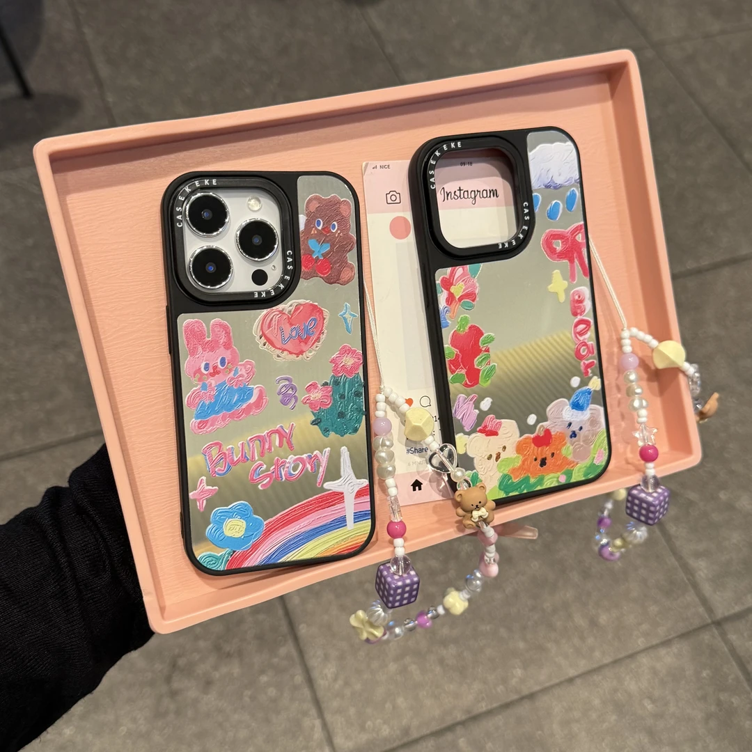 奥菲顿油画彩虹熊兔适用苹果16PRO镜面手机壳iPhone15/14/13/12套