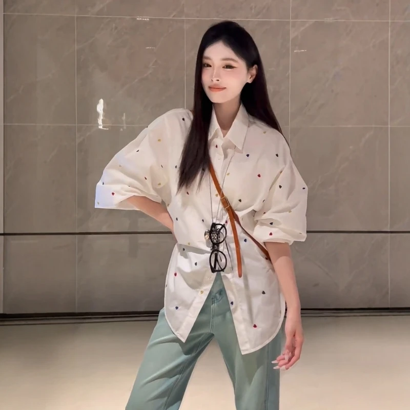 超好看刺绣慵懒衬衫女2025春夏新款宽松遮肉洋气中长款防晒衣上衣