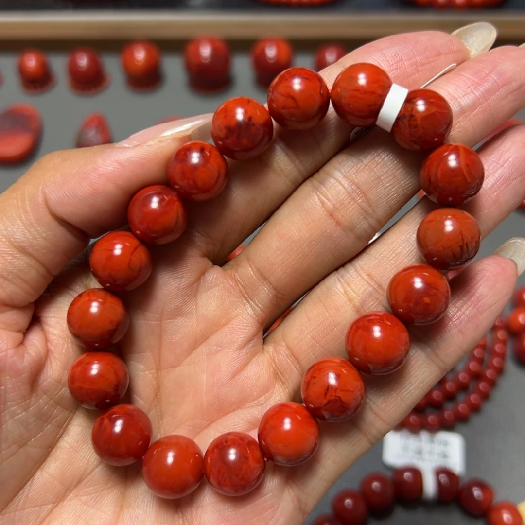 南红玛瑙未镶嵌手串 柿子红虎皮纹 约11.8mm 毕业级