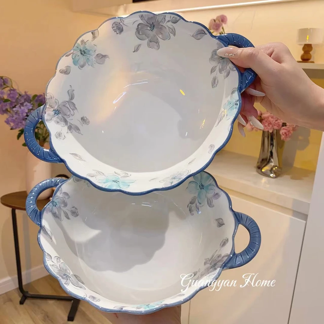 【青衡染黛双耳汤碗2个装】家用陶瓷花边双耳汤碗