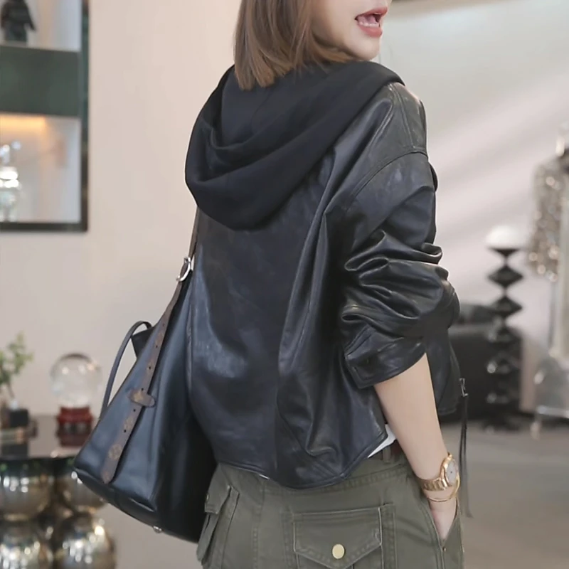 欧货时尚机车服短外套女2025年春秋新款连帽拼接设计感皮衣夹克