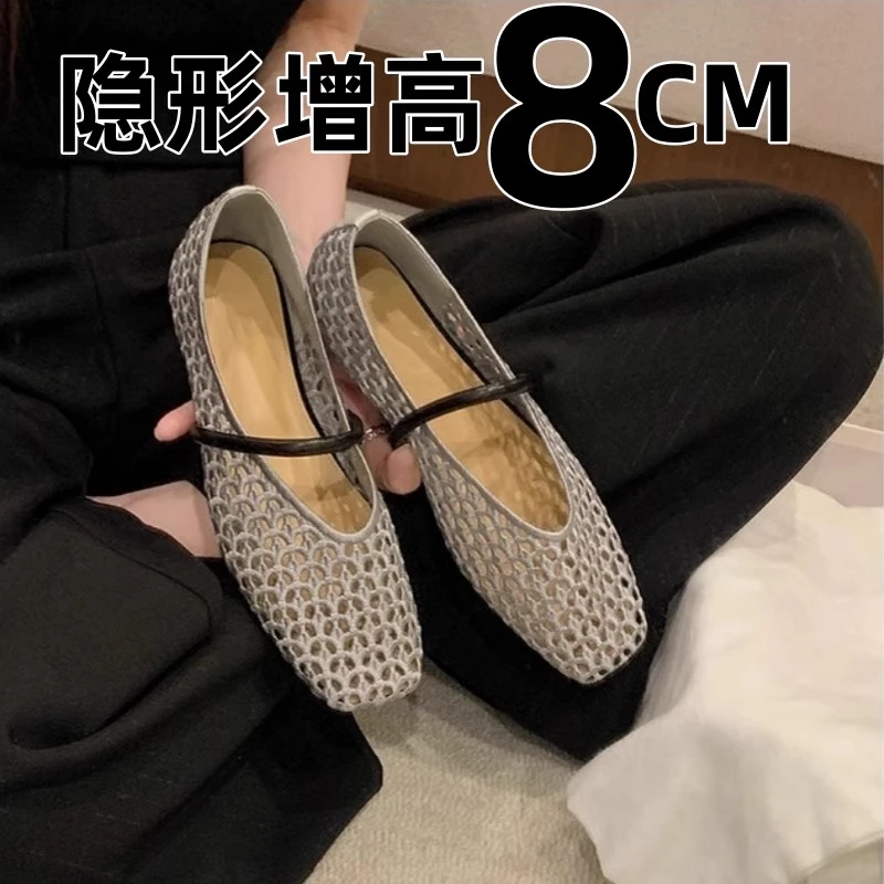 升级版~内增高34码凉鞋女罗马镂空编织一字带玛丽珍鞋浅口单鞋女