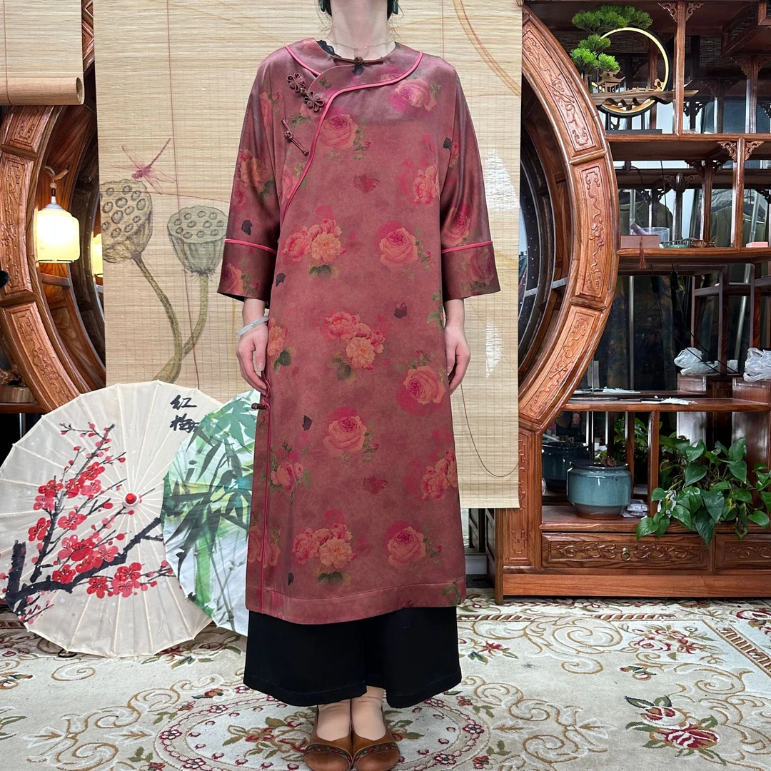 60姆米重缎如意牡丹富贵花开100桑蚕丝香云纱全开襟袍子国风