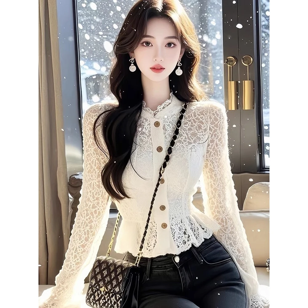 蕾丝打底衫女2024新款秋冬内搭可外穿高级感独特绝美收腰长袖上衣
