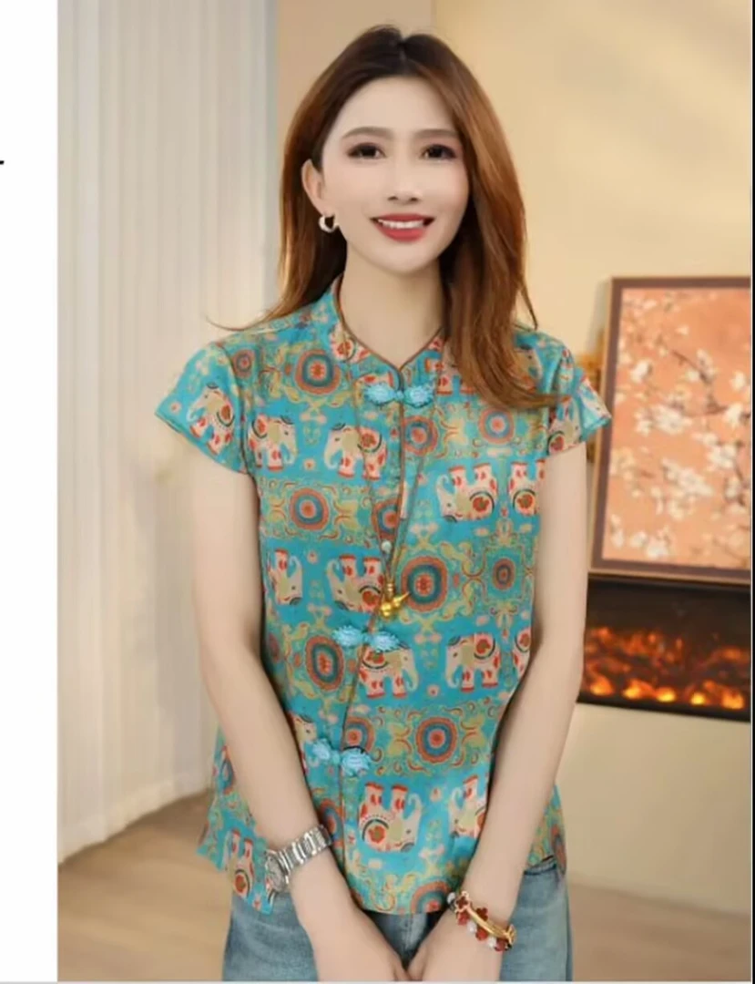 【吉象如意】新中式立领气质提花短袖国风斜襟盘扣时尚T恤小衫女