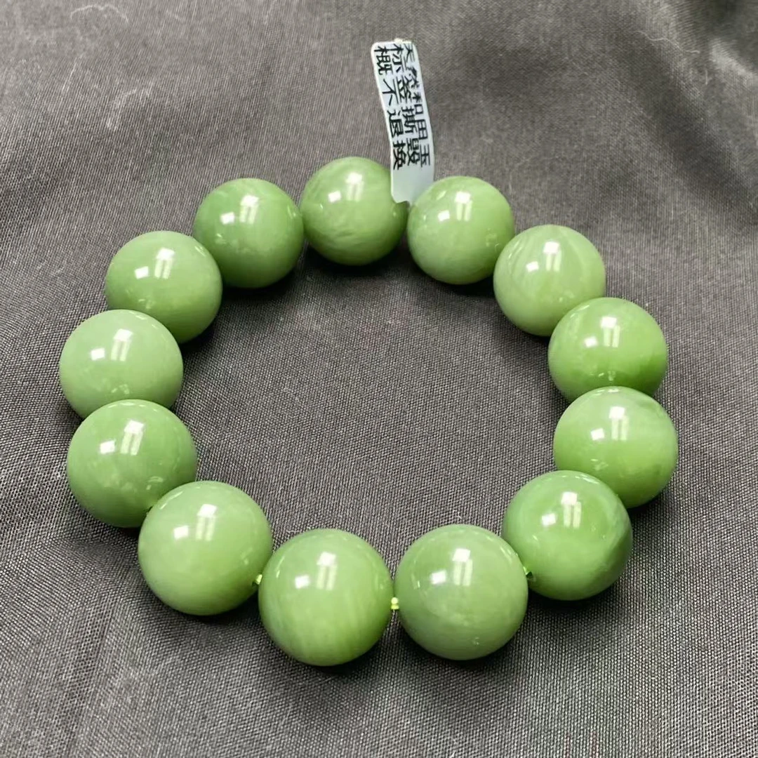 【迈越珠宝】天然和田玉碧玉粉绿18大规格手串无黑细料满色满肉男士