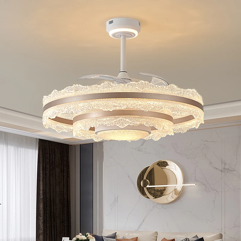 现代轻奢波浪客厅高端风扇灯隐形一体餐厅卧室吊扇灯新款大风力