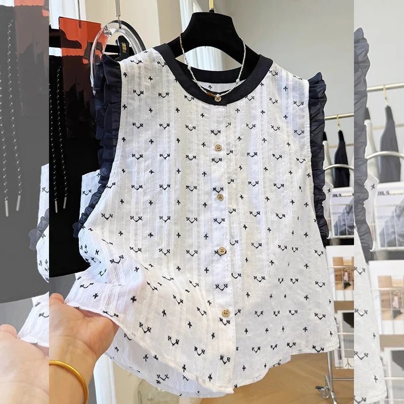 法式百搭夏季木耳边波点碎花衬衫休闲简约通勤透气宽松显瘦女上衣