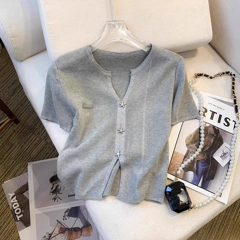 韩系不规则纯色V领冰丝针织衫女夏季新款修身别致小众显瘦短袖T恤