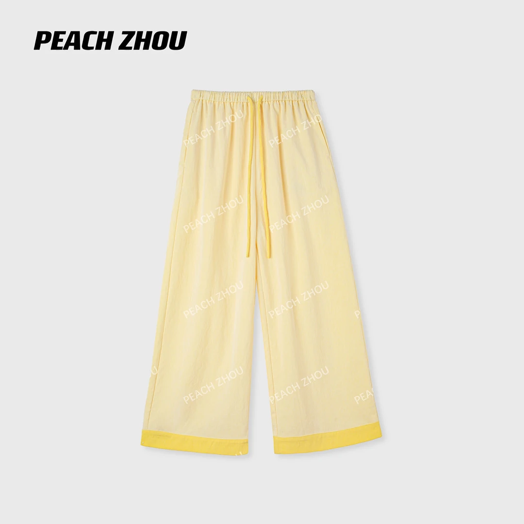 『PEACHZHOU』小鸡黄撞色宽松直筒休闲裤松紧腰简约松弛慵懒阔腿裤