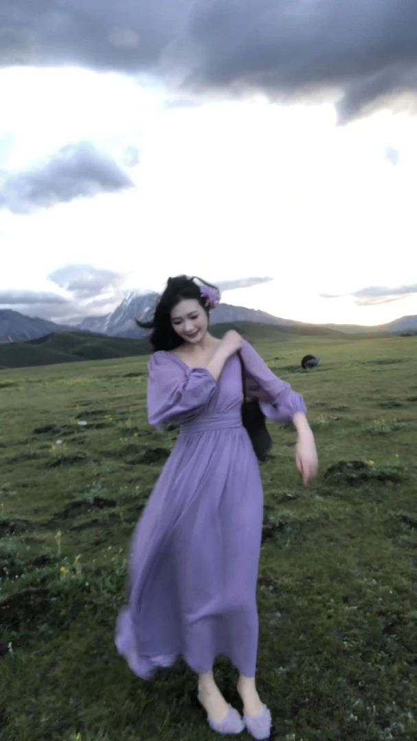 纯欲性感辣长袖紫色连衣裙女装早秋季2025新款气质收腰显瘦长裙子