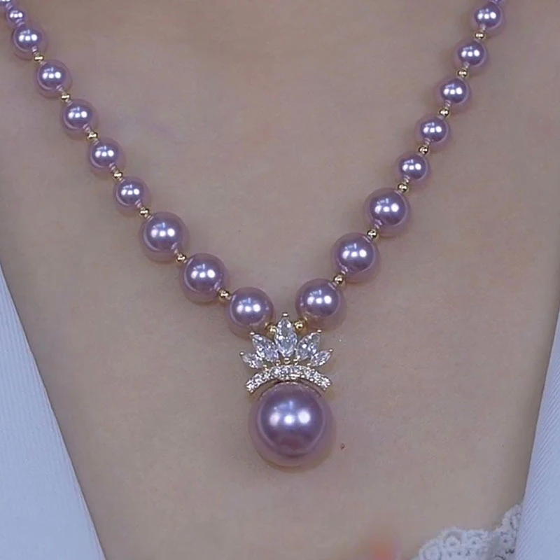 合金项链 法式奢华紫色水晶王冠珍珠项链高级感紫气东来锁骨链