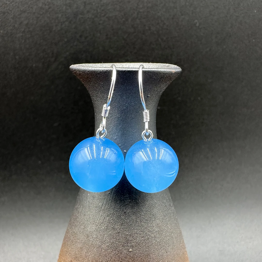 合金耳饰 14mm天然通透冰蓝耳环A189老矿925纯银钩耳坠新款原矿