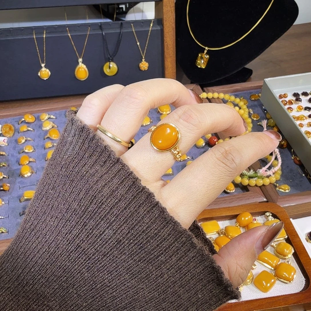 蜜蜡银S925镀金镶嵌戒指