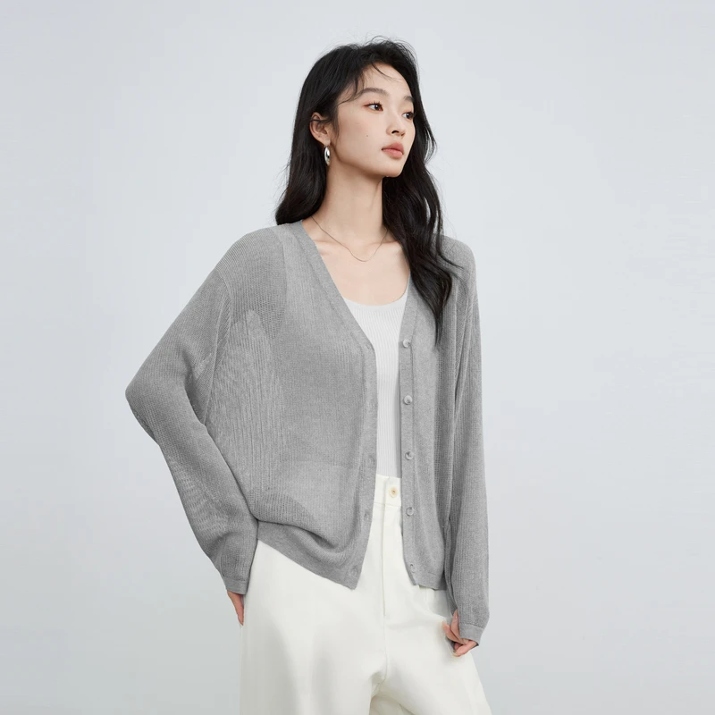 【商场同款】Elva' Island灰色短款V领针织开衫女夏薄款