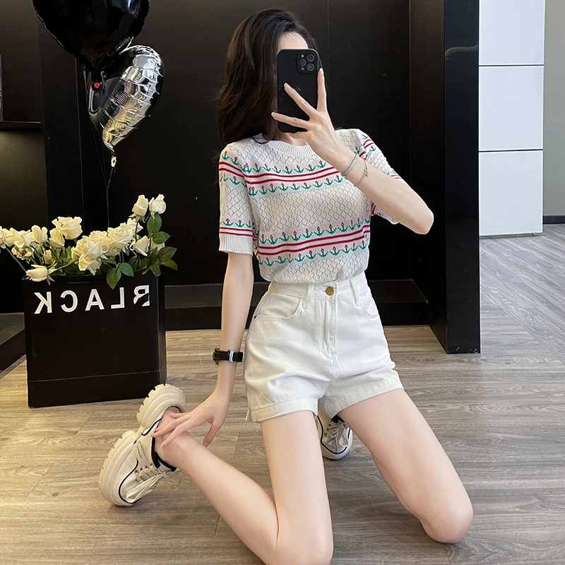 圆领套头短袖女2025夏季新款小花学院风针织衫显瘦百搭恤上衣潮