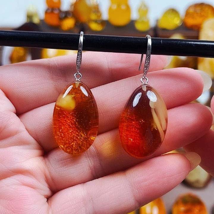 琥珀银S925镶嵌裸石耳环