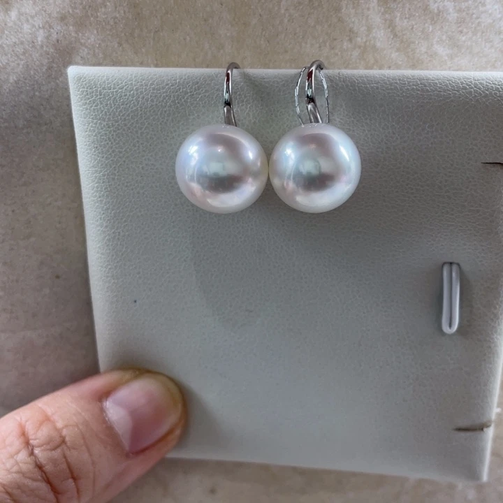 银S925镶嵌耳饰海水珍珠澳白12-13m m