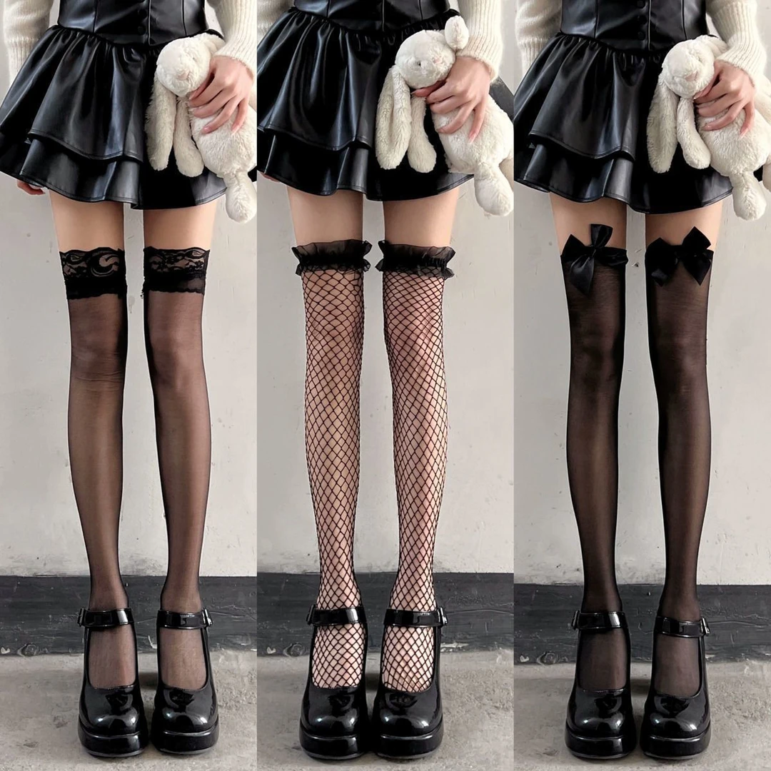 超薄款长筒蝴蝶结黑丝性感蕾丝花边大腿袜新款白丝过膝袜夏季袜子