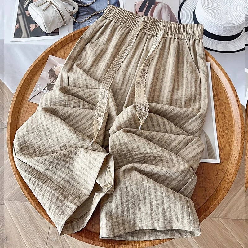 姜黄色竖条纹棉麻阔腿裤女2025夏薄款新款蕾丝亚麻麻料防晒直筒裤