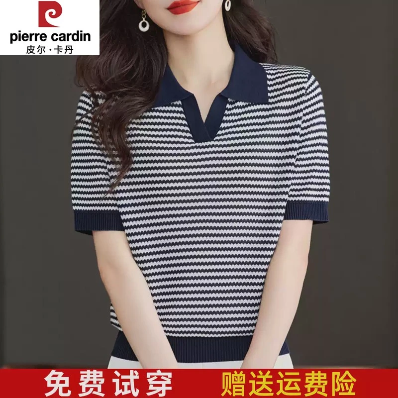 皮尔卡丹妈妈夏装翻领条纹上衣女洋气薄款雪纺小衫纺丝针织衫短袖