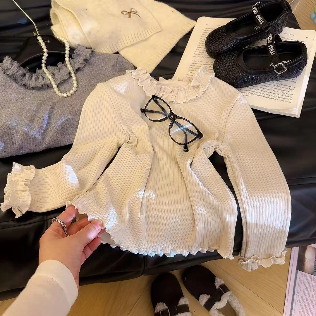 【木耳棉】女童韩版洋气小香风打底法式花边纯色打底衫女童打底