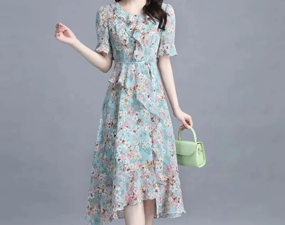 D125气质雪纺连衣裙女装2025新款夏季显瘦妈妈碎花过膝长裙子