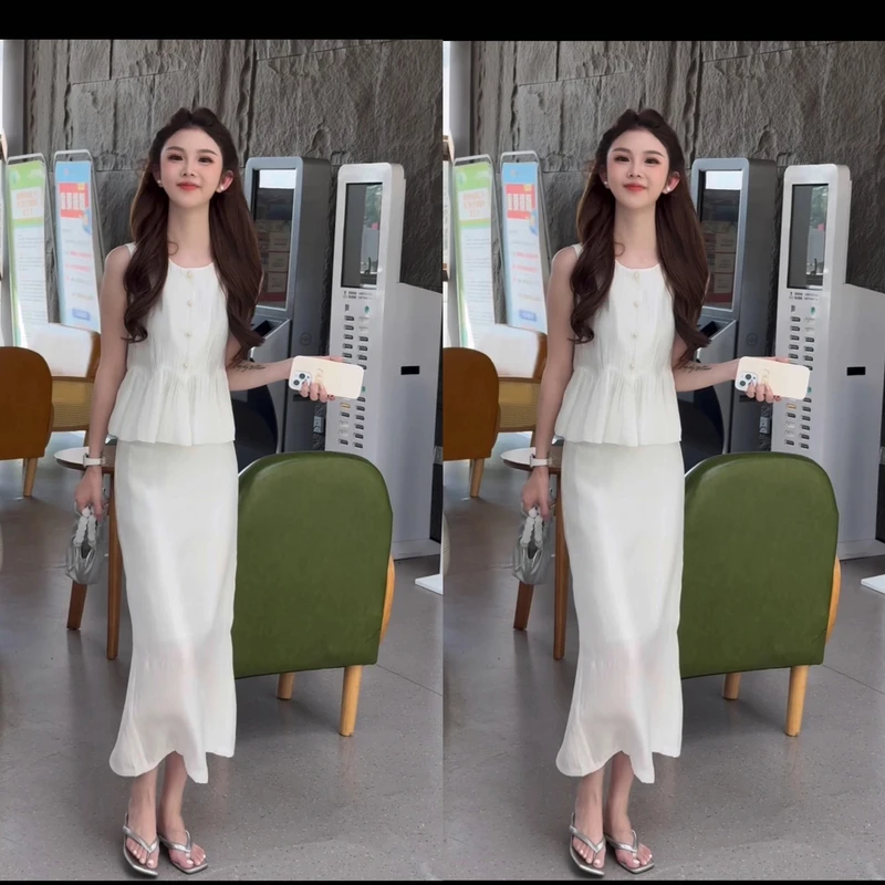（月光舞曲）法式小香风套装圆领珍珠扣上衣裙子两件套