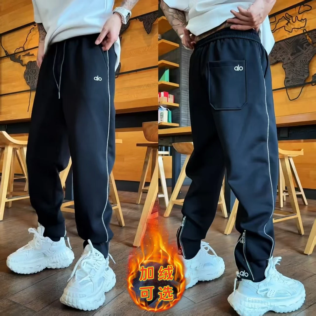 秋冬加绒加厚宽松百搭休闲裤字母侧织线空气层拉链束脚长裤卫裤