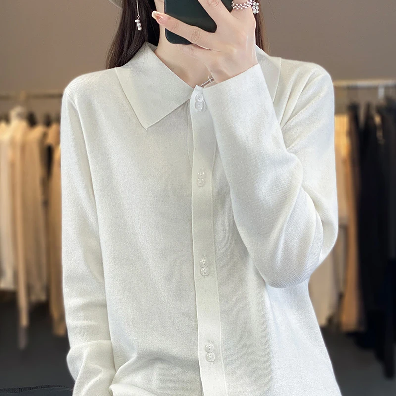 长袖女士Polo衬衣开衫春秋纯色女针织翻领衫