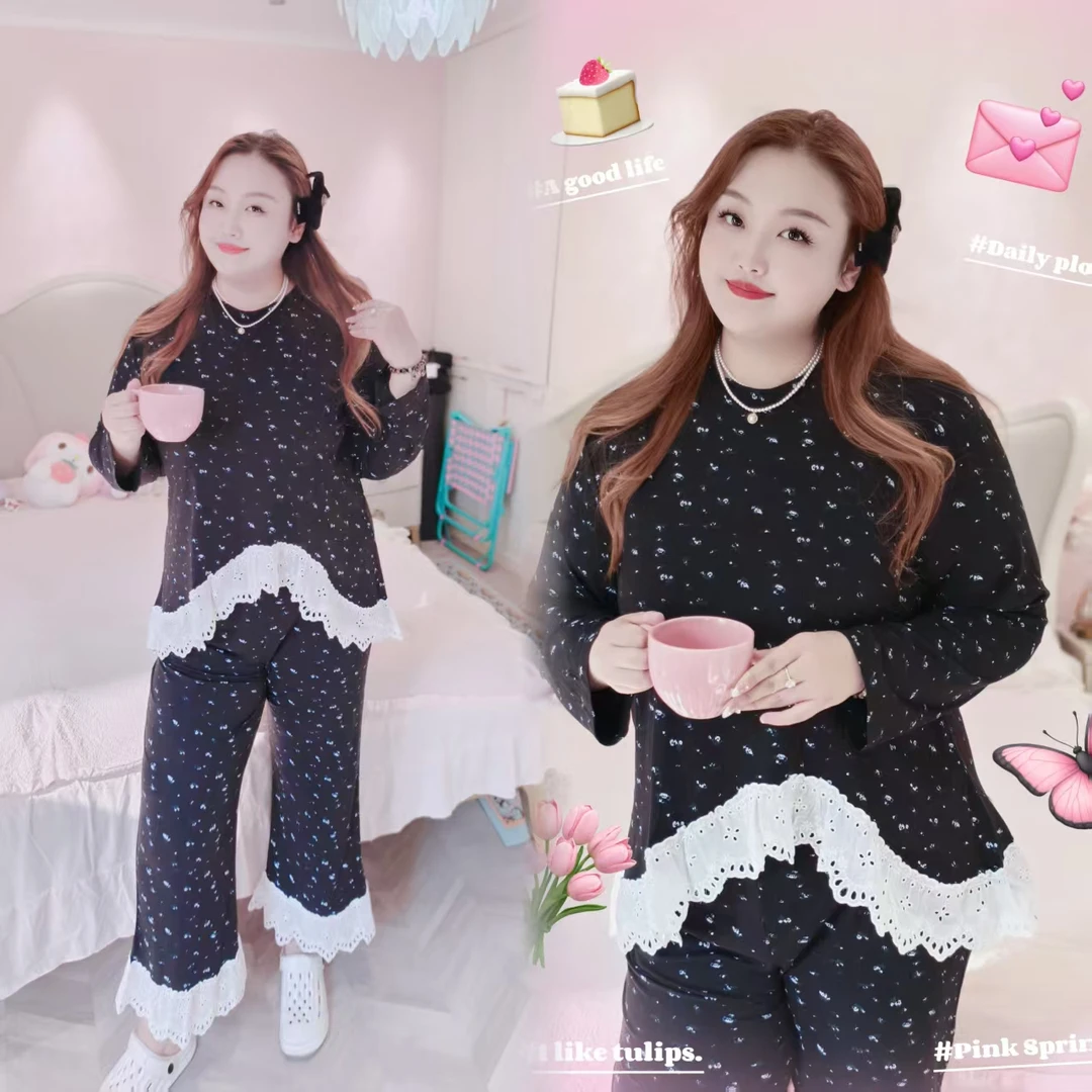 【钻石家大码】蕾丝花边舒适亲肤碎花分体睡衣套装居家服 DSY2501