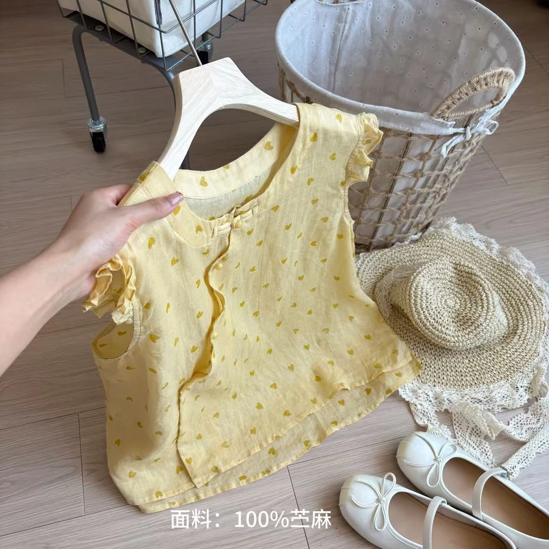小柒家A00338-黄色爱心夏季薄款新中式盘扣休闲文艺苎麻衬衫短袖