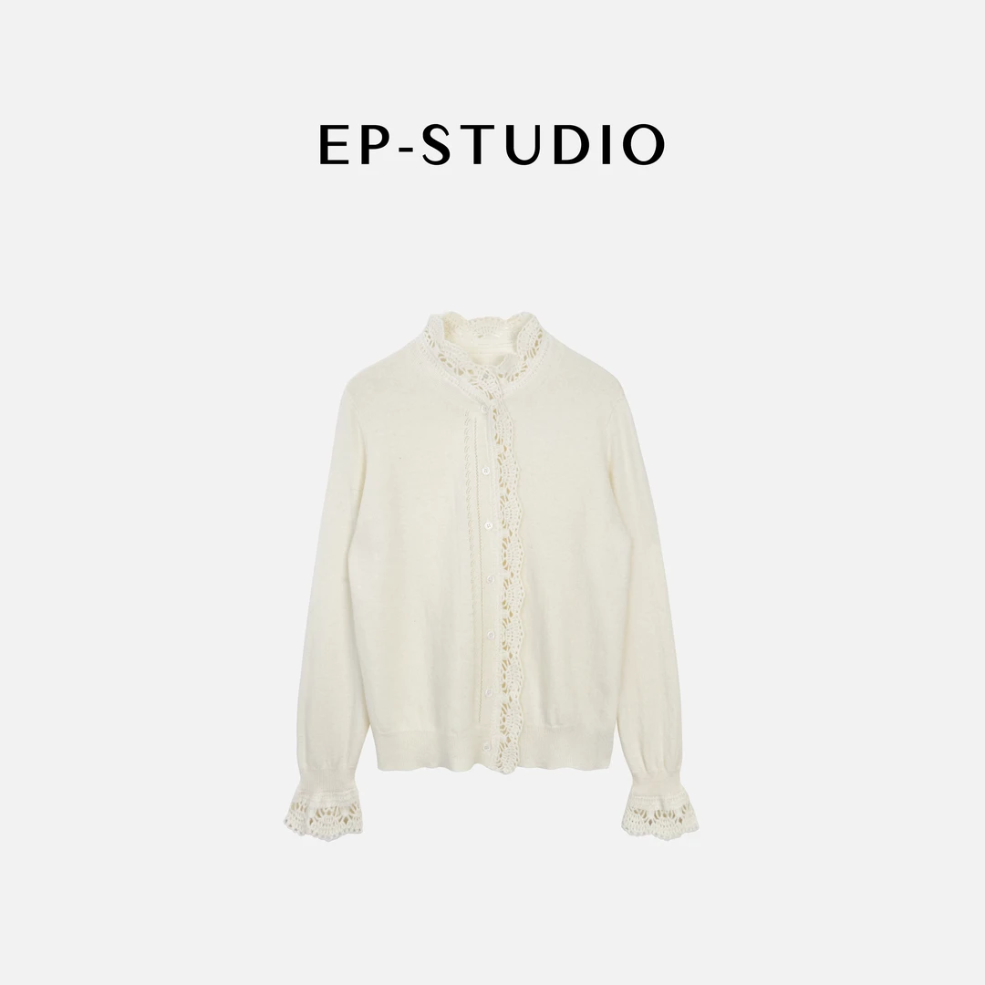 【绵络】100%羊毛蕾丝针织花边立领针织衫2526