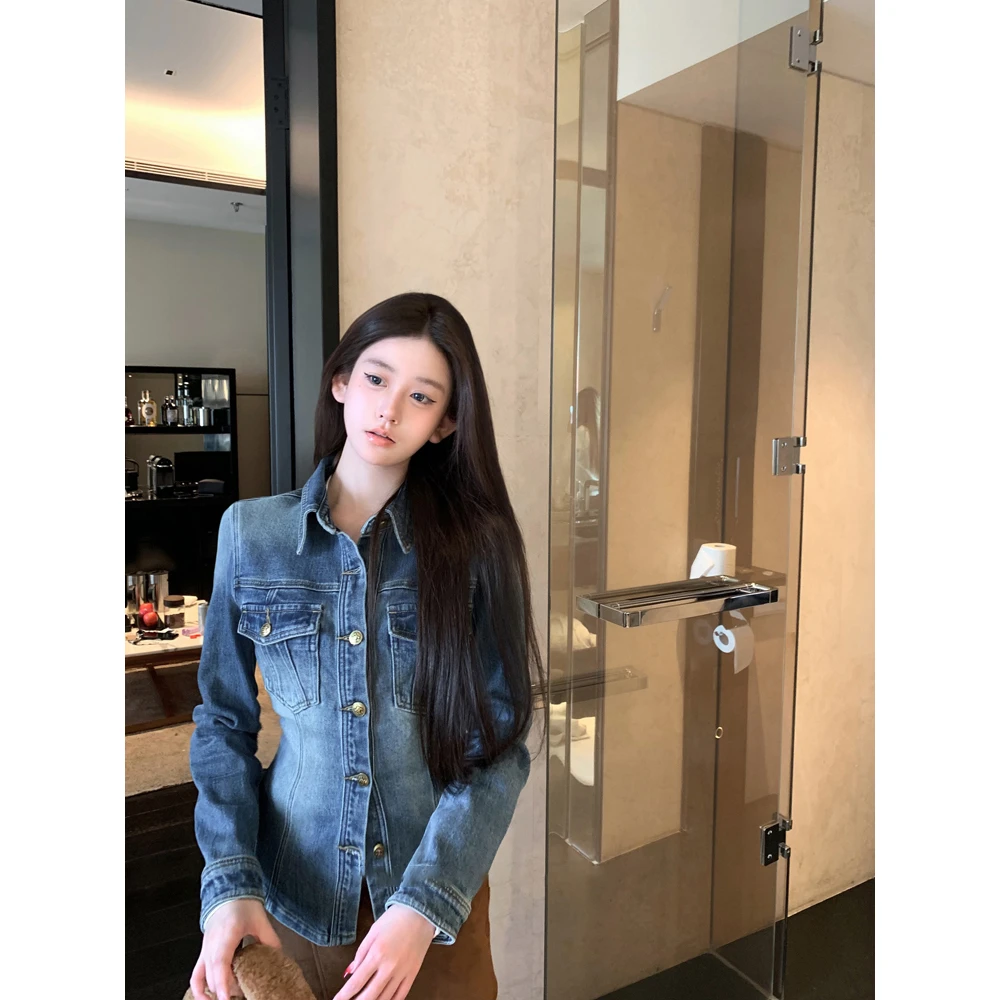 美式复古polo领长袖牛仔衬衫女秋季收腰修身外套气质显瘦开衫上衣