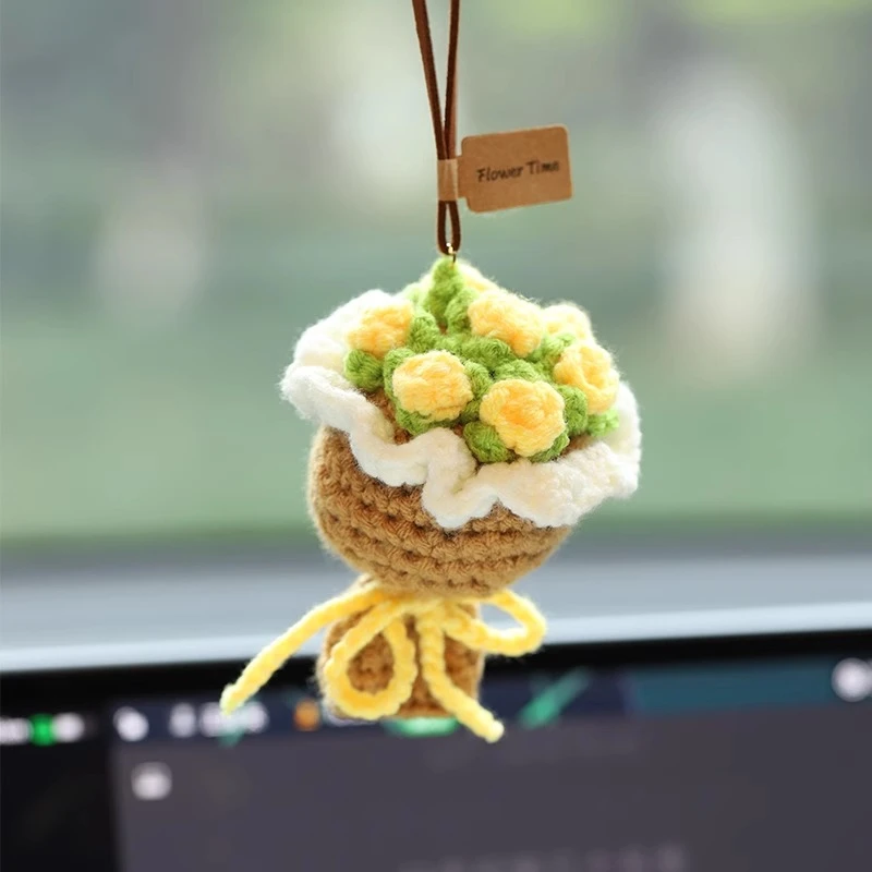 新款汽车挂件手工编织毛线玫瑰花车载香薰后视镜挂饰车内装饰女生