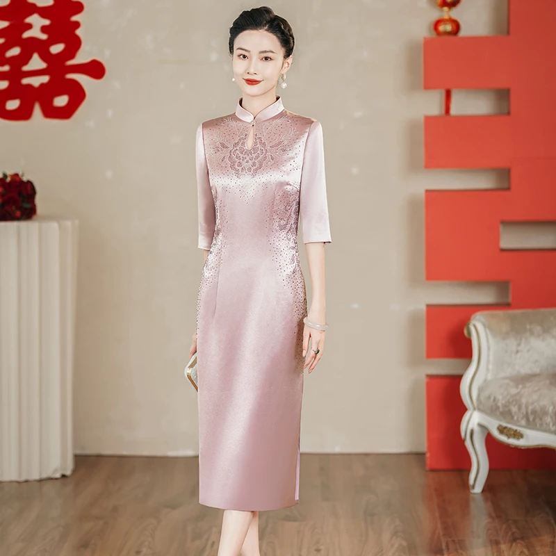 【专柜品质】新款妈妈婚礼气质醋酸礼服春夏喜婆婆婚宴装高贵改良