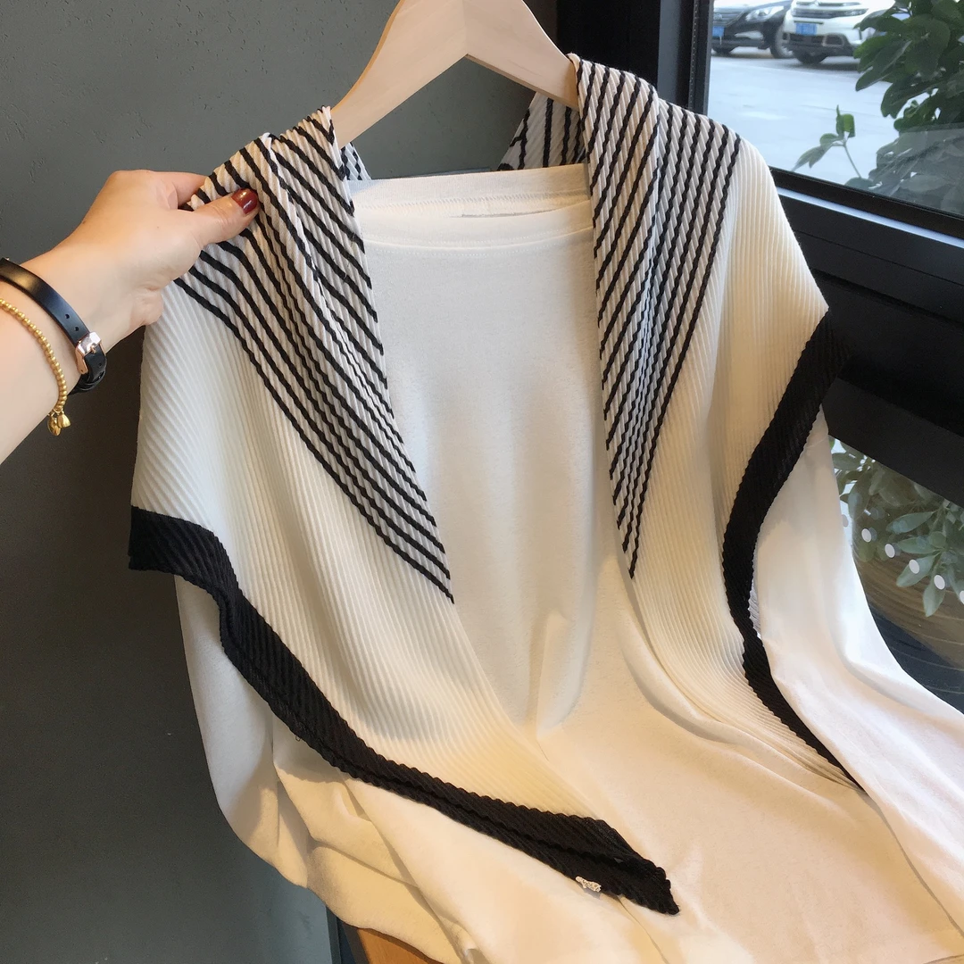春季百搭洋气条纹压皱轻奢大方巾女丝巾防晒披肩韩版通勤领巾丝巾