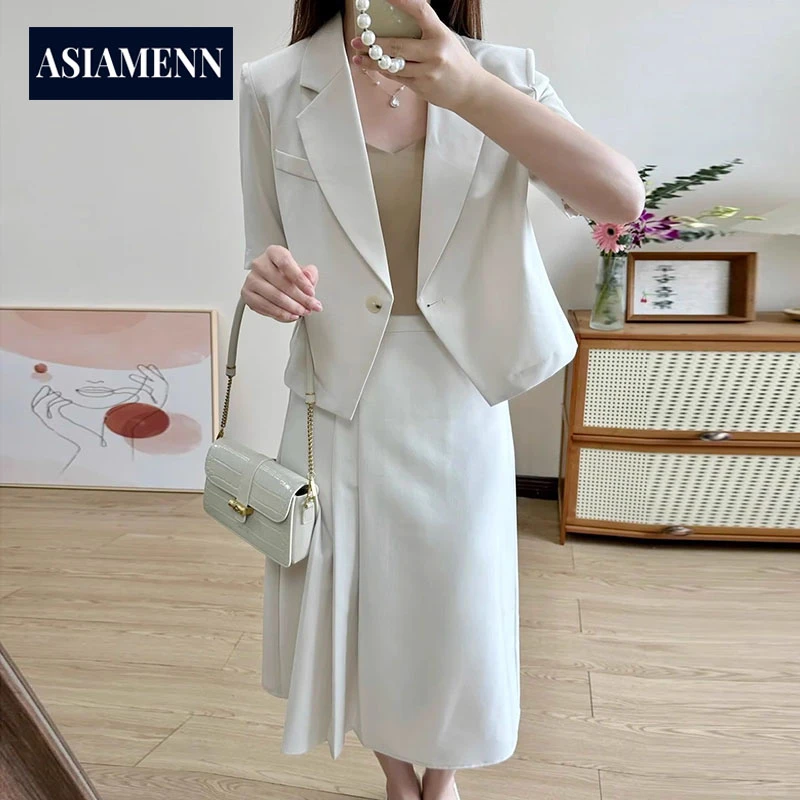 米色短款西装套装女夏季薄款教资面试正装通勤西服半身裙两件套裙